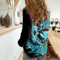 Hawaii Women Casual Shirt Whale Mix Hibiscus and Kanaka Maoli LT03 - Polynesian Pride