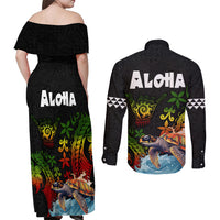 Hawaii Lei Day Couples Matching Off Shoulder Maxi Dress and Long Sleeve Button Shirt Hibiscus Wreath and Polynesian Pattern