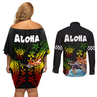 Hawaii Lei Day Couples Matching Off Shoulder Short Dress and Long Sleeve Button Shirt Hibiscus Wreath and Polynesian Pattern