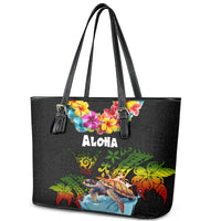 Hawaii Lei Day Leather Tote Bag Hibiscus Wreath and Polynesian Pattern