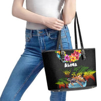 Hawaii Lei Day Leather Tote Bag Hibiscus Wreath and Polynesian Pattern