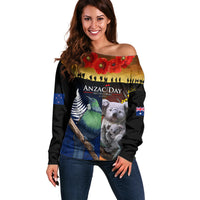 Australia and New Zealand ANZAC Day Off Shoulder Sweater Tui Bird and Koala mix Maori and Aboriginal Pattern LT03 Women Black - Polynesian Pride