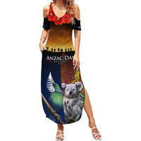 Australia and New Zealand ANZAC Day Summer Maxi Dress Tui Bird and Koala mix Maori and Aboriginal Pattern LT03 Women Black - Polynesian Pride
