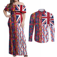 Hawaiian Lei Couples Matching Off Shoulder Maxi Dress and Long Sleeve Button Shirt National Flag Striped Style
