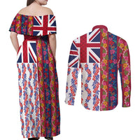 Hawaiian Lei Couples Matching Off Shoulder Maxi Dress and Long Sleeve Button Shirt National Flag Striped Style