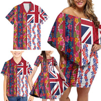 Hawaiian Lei Family Matching Off Shoulder Short Dress and Hawaiian Shirt National Flag Striped Style