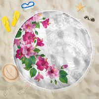 Hawaiian Hibiscus and Art Polynesian Tattoo Beach Blanket White Color