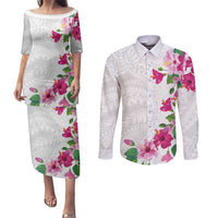 Hawaiian Hibiscus and Art Polynesian Tattoo Couples Matching Puletasi and Long Sleeve Button Shirt White Color