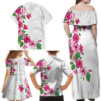 Hawaiian Hibiscus and Art Polynesian Tattoo Family Matching Off Shoulder Maxi Dress and Hawaiian Shirt White Color