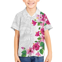 Hawaiian Hibiscus and Art Polynesian Tattoo Family Matching Off Shoulder Short Dress and Hawaiian Shirt White Color