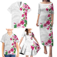 Hawaiian Hibiscus and Art Polynesian Tattoo Family Matching Puletasi and Hawaiian Shirt White Color