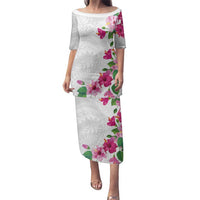 Hawaiian Hibiscus and Art Polynesian Tattoo Family Matching Puletasi and Hawaiian Shirt White Color