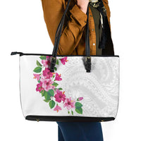 Hawaiian Hibiscus and Art Polynesian Tattoo Leather Tote Bag White Color