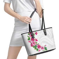 Hawaiian Hibiscus and Art Polynesian Tattoo Leather Tote Bag White Color