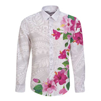 Hawaiian Hibiscus and Art Polynesian Tattoo Long Sleeve Button Shirt White Color