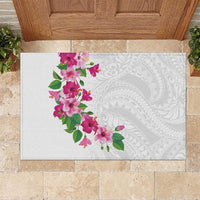 Hawaiian Hibiscus and Art Polynesian Tattoo Rubber Doormat White Color