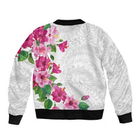 Hawaiian Hibiscus and Art Polynesian Tattoo Sleeve Zip Bomber Jacket White Color