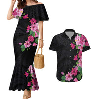 Hawaiian Hibiscus and Art Polynesian Tattoo Couples Matching Mermaid Dress and Hawaiian Shirt Black Color