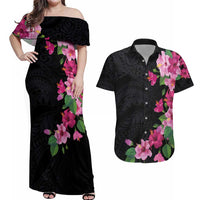 Hawaiian Hibiscus and Art Polynesian Tattoo Couples Matching Off Shoulder Maxi Dress and Hawaiian Shirt Black Color