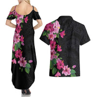 Hawaiian Hibiscus and Art Polynesian Tattoo Couples Matching Summer Maxi Dress and Hawaiian Shirt Black Color