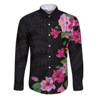 Hawaiian Hibiscus and Art Polynesian Tattoo Family Matching Long Sleeve Bodycon Dress and Hawaiian Shirt Black Color