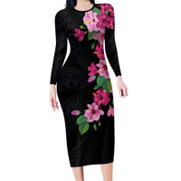 Hawaiian Hibiscus and Art Polynesian Tattoo Family Matching Long Sleeve Bodycon Dress and Hawaiian Shirt Black Color