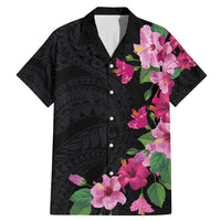 Hawaiian Hibiscus and Art Polynesian Tattoo Family Matching Mermaid Dress and Hawaiian Shirt Black Color