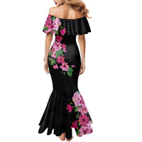 Hawaiian Hibiscus and Art Polynesian Tattoo Family Matching Mermaid Dress and Hawaiian Shirt Black Color