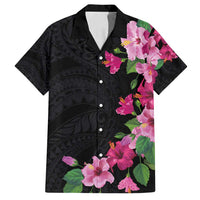 Hawaiian Hibiscus and Art Polynesian Tattoo Family Matching Off Shoulder Maxi Dress and Hawaiian Shirt Black Color
