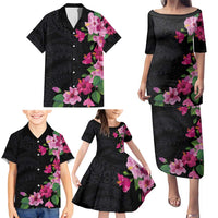 Hawaiian Hibiscus and Art Polynesian Tattoo Family Matching Puletasi and Hawaiian Shirt Black Color