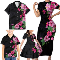 Hawaiian Hibiscus and Art Polynesian Tattoo Family Matching Short Sleeve Bodycon Dress and Hawaiian Shirt Black Color