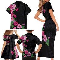 Hawaiian Hibiscus and Art Polynesian Tattoo Family Matching Short Sleeve Bodycon Dress and Hawaiian Shirt Black Color