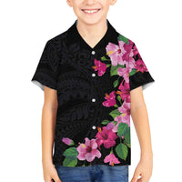 Hawaiian Hibiscus and Art Polynesian Tattoo Family Matching Tank Maxi Dress and Hawaiian Shirt Black Color