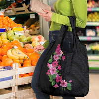 Hawaiian Hibiscus and Art Polynesian Tattoo Grocery Bag Black Color