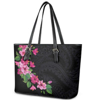 Hawaiian Hibiscus and Art Polynesian Tattoo Leather Tote Bag Black Color