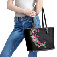 Hawaiian Hibiscus and Art Polynesian Tattoo Leather Tote Bag Black Color