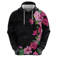 Hawaiian Hibiscus and Art Polynesian Tattoo Zip Hoodie Black Color