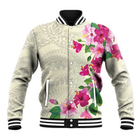 Hawaiian Hibiscus and Art Polynesian Tattoo Baseball Jacket Beige Color