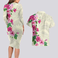 Hawaiian Hibiscus and Art Polynesian Tattoo Couples Matching Long Sleeve Bodycon Dress and Hawaiian Shirt Beige Color