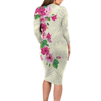 Hawaiian Hibiscus and Art Polynesian Tattoo Family Matching Long Sleeve Bodycon Dress and Hawaiian Shirt Beige Color