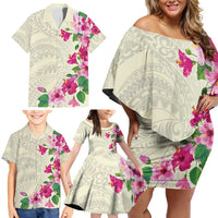 Hawaiian Hibiscus and Art Polynesian Tattoo Family Matching Off Shoulder Short Dress and Hawaiian Shirt Beige Color