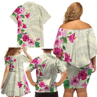 Hawaiian Hibiscus and Art Polynesian Tattoo Family Matching Off Shoulder Short Dress and Hawaiian Shirt Beige Color