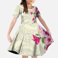 Hawaiian Hibiscus and Art Polynesian Tattoo Family Matching Short Sleeve Bodycon Dress and Hawaiian Shirt Beige Color