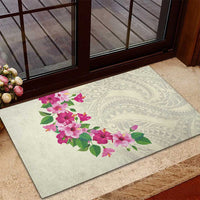 Hawaiian Hibiscus and Art Polynesian Tattoo Rubber Doormat Beige Color