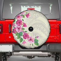 Hawaiian Hibiscus and Art Polynesian Tattoo Spare Tire Cover Beige Color