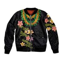 Hawaiian Lei Plumeria and Tropical Leaves Bomber Jacket Watercolor Style
