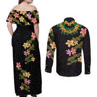 Hawaiian Lei Plumeria and Tropical Leaves Couples Matching Off Shoulder Maxi Dress and Long Sleeve Button Shirt Watercolor Style