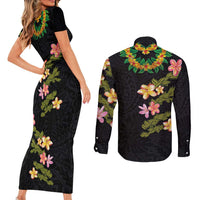 Hawaiian Lei Plumeria and Tropical Leaves Couples Matching Short Sleeve Bodycon Dress and Long Sleeve Button Shirt Watercolor Style