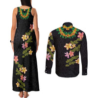 Hawaiian Lei Plumeria and Tropical Leaves Couples Matching Tank Maxi Dress and Long Sleeve Button Shirt Watercolor Style