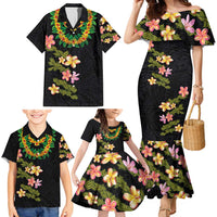 Hawaiian Lei Plumeria and Tropical Leaves Family Matching Mermaid Dress and Hawaiian Shirt Watercolor Style